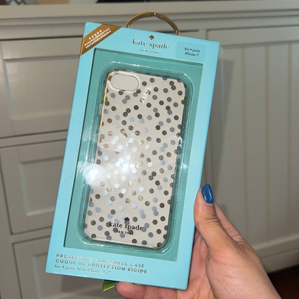 NWT Kate Spade iPhone 7 Silver & Gold Polka Dot Protective Hardshell Phone Case